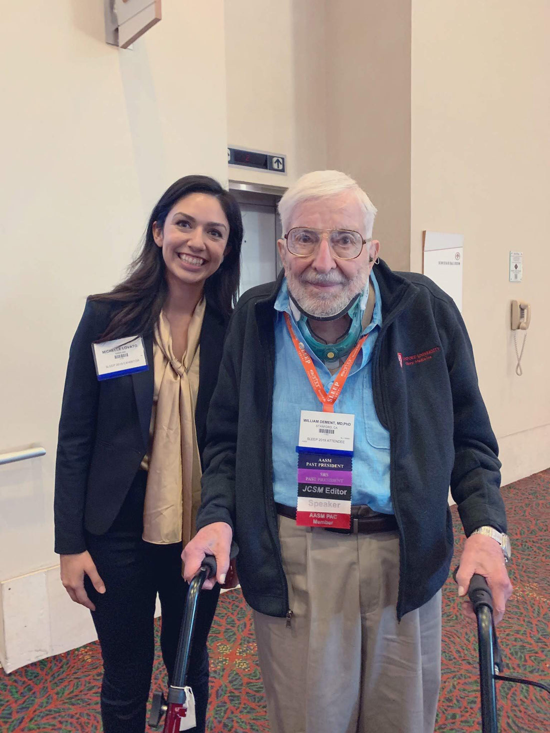Photo of Dr. William Dement and Michelle Lovato at the American Academy of Sleep Medicine Meeting 2019